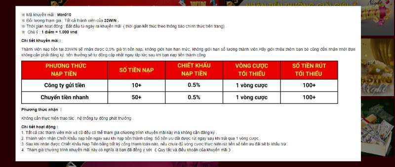 Thưởng nóng 0.5% khi nạp tiền